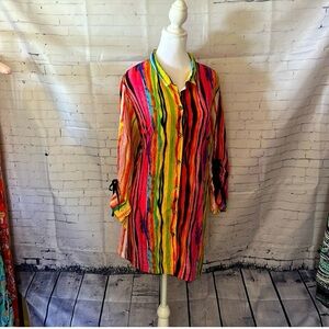 John Mark Oversized Multicolor Striped Button-Up Shirt with Tie Sleeve Sz Large